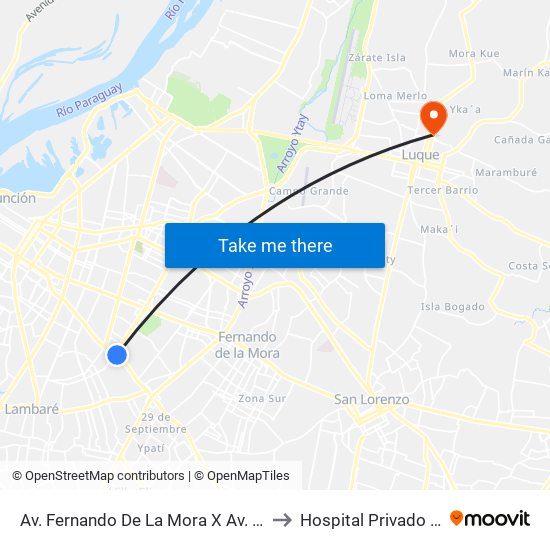 Av. Fernando De La Mora X Av. Argentina to Hospital Privado Luque map