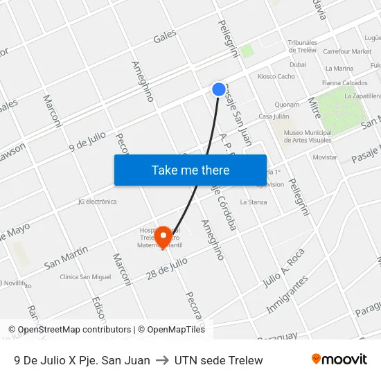 9 De Julio X Pje. San Juan to UTN sede Trelew map