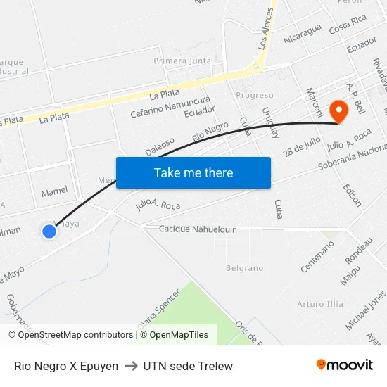 Rio Negro X Epuyen to UTN sede Trelew map