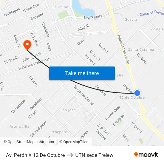 Av. Perón X 12 De Octubre to UTN sede Trelew map