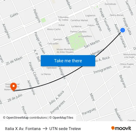 Italia X Av. Fontana to UTN sede Trelew map