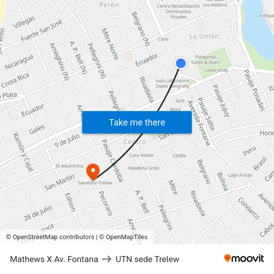Mathews X Av. Fontana to UTN sede Trelew map