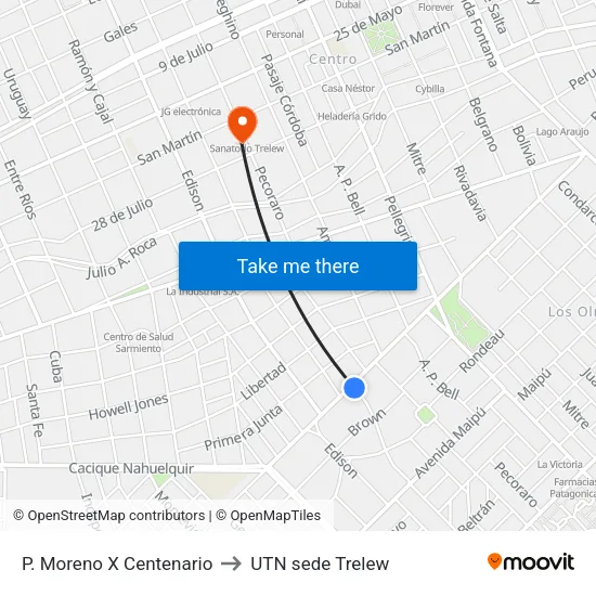 P. Moreno X Centenario to UTN sede Trelew map