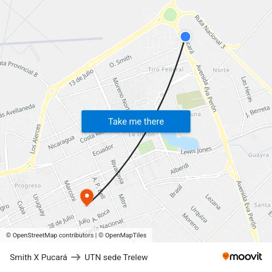 Smith X Pucará to UTN sede Trelew map