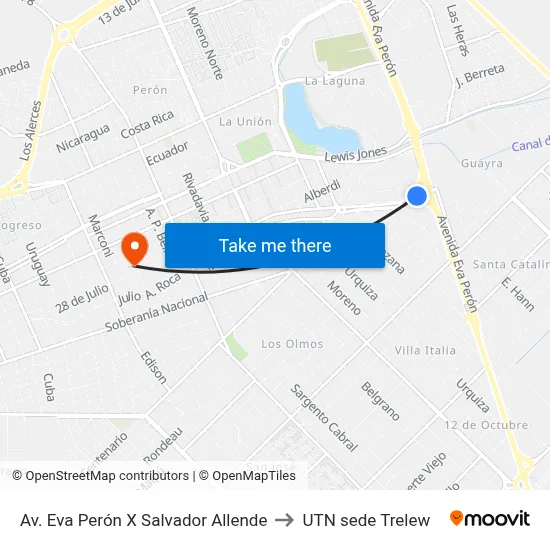 Av. Eva Perón X Salvador Allende to UTN sede Trelew map
