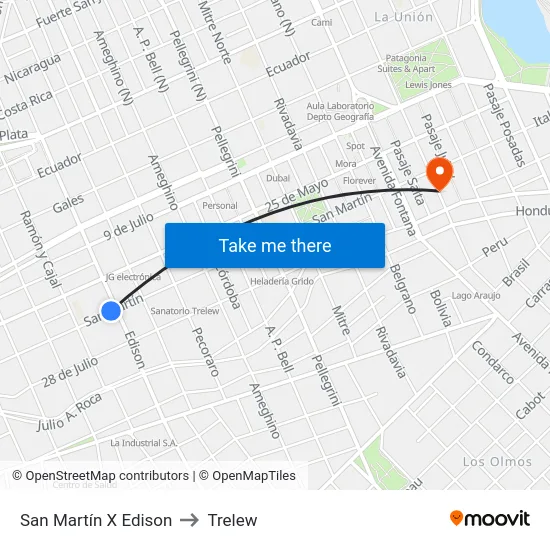 San Martín X Edison to Trelew map