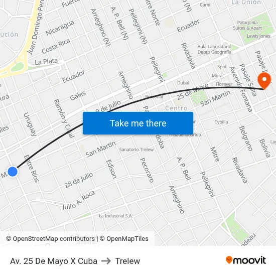Av. 25 De Mayo X Cuba to Trelew map