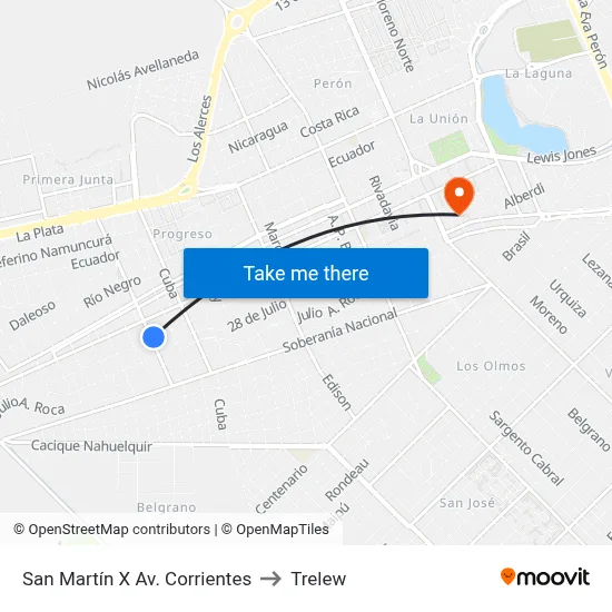 San Martín X Av. Corrientes to Trelew map