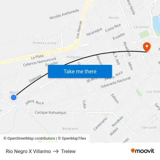 Rio Negro X Villarino to Trelew map