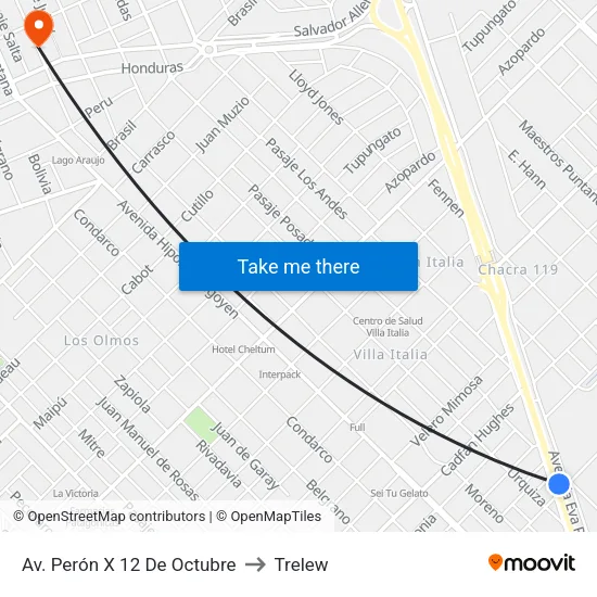 Av. Perón X 12 De Octubre to Trelew map