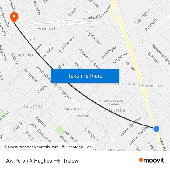 Av. Perón X  Hughes to Trelew map