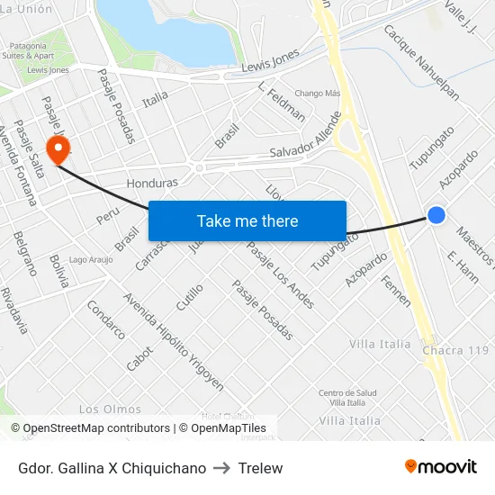 Gdor. Gallina X Chiquichano to Trelew map