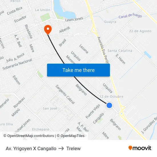 Av. Yrigoyen X Cangallo to Trelew map