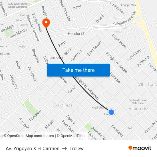 Av. Yrigoyen X El Carmen to Trelew map