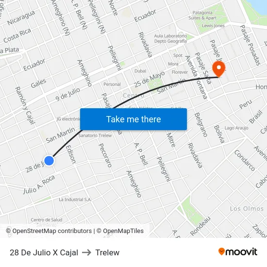 28 De Julio X Cajal to Trelew map