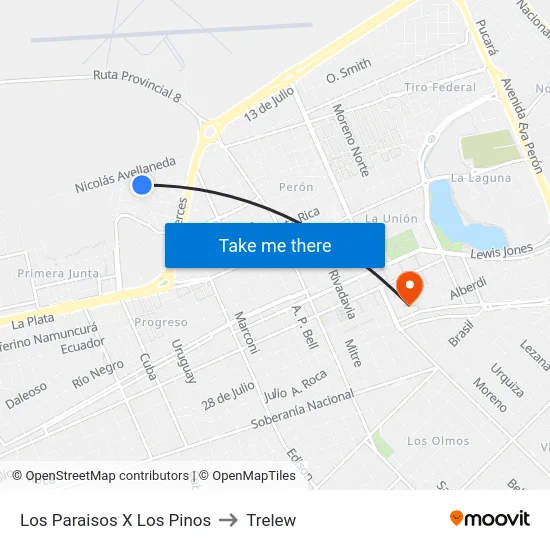 Los Paraisos X Los Pinos to Trelew map