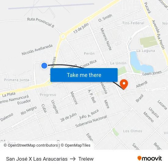 San José X Las Araucarias to Trelew map