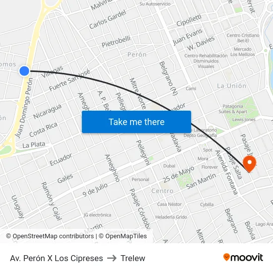 Av. Perón X Los Cipreses to Trelew map