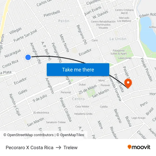 Pecoraro X Costa Rica to Trelew map