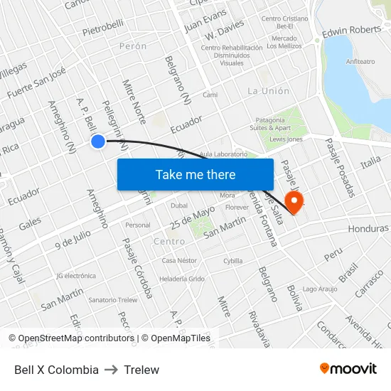 Bell X Colombia to Trelew map
