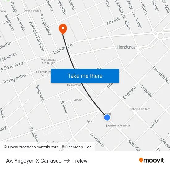 Av. Yrigoyen X Carrasco to Trelew map