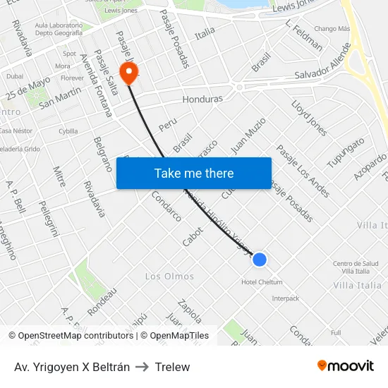 Av. Yrigoyen X Beltrán to Trelew map