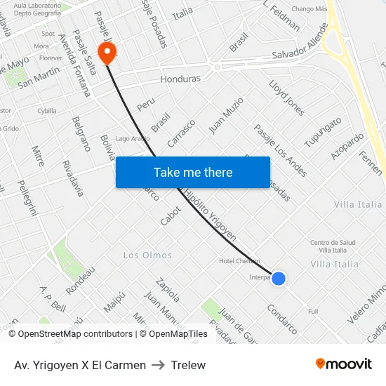 Av. Yrigoyen X El Carmen to Trelew map