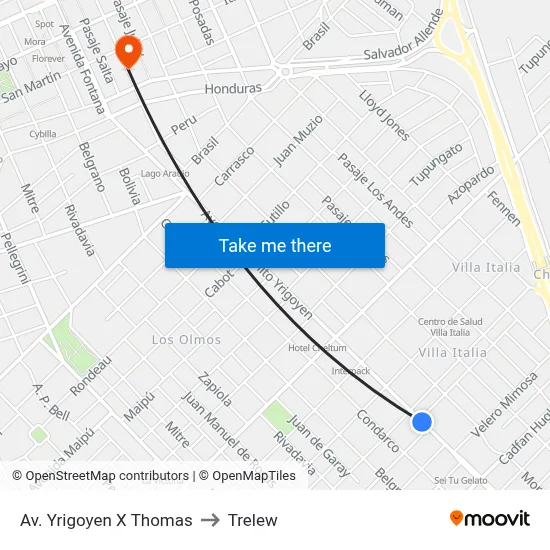 Av. Yrigoyen X Thomas to Trelew map