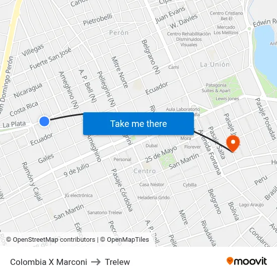 Colombia X Marconi to Trelew map