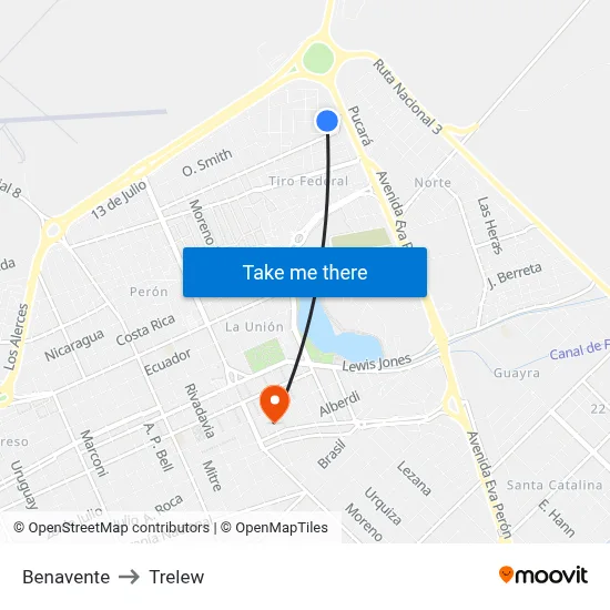 Benavente to Trelew map