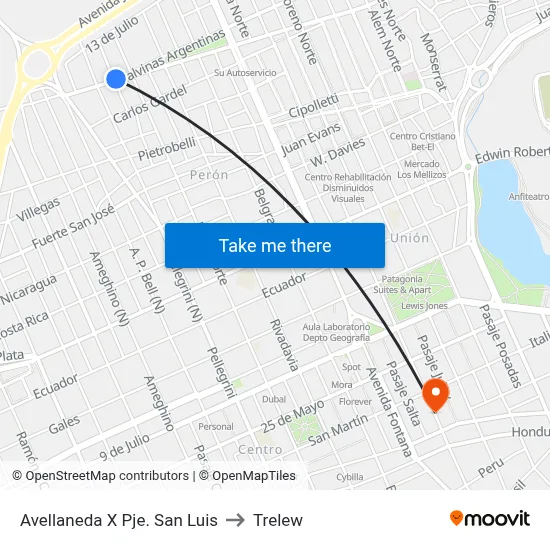 Avellaneda X Pje. San Luis to Trelew map