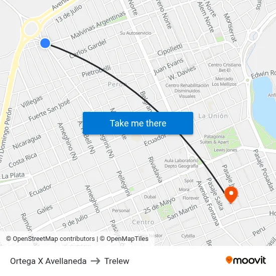 Ortega X Avellaneda to Trelew map