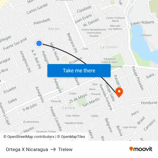 Ortega X Nicaragua to Trelew map