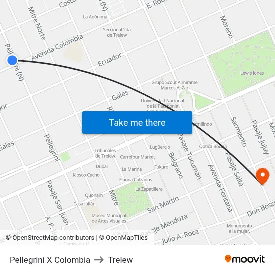 Pellegrini X Colombia to Trelew map