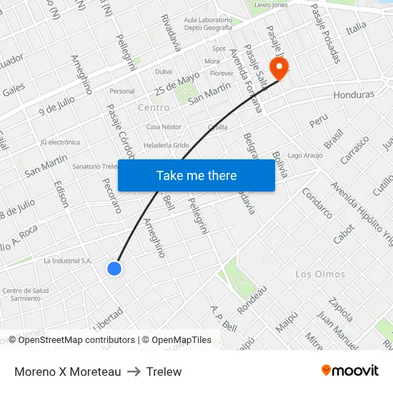 Moreno X Moreteau to Trelew map