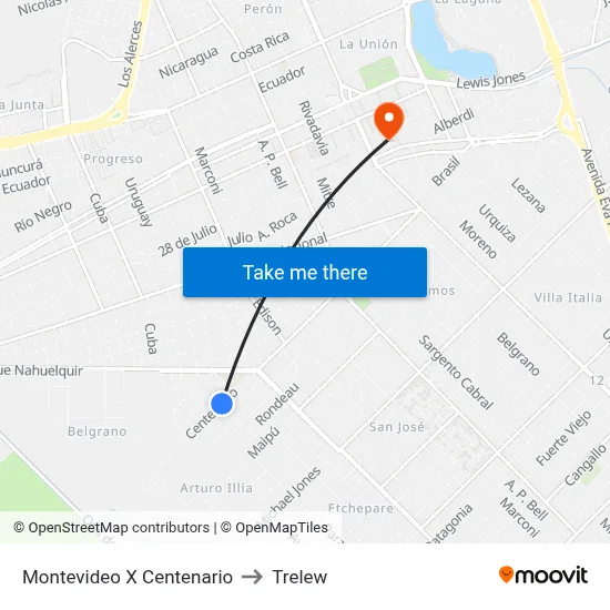 Montevideo X Centenario to Trelew map