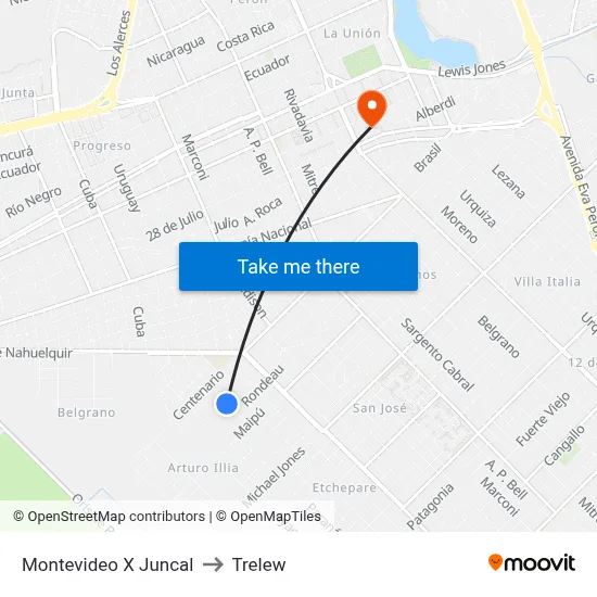 Montevideo X Juncal to Trelew map