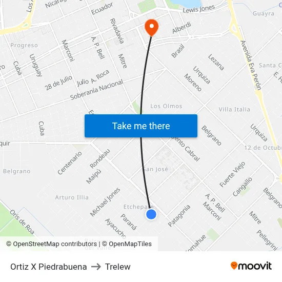 Ortiz X Piedrabuena to Trelew map