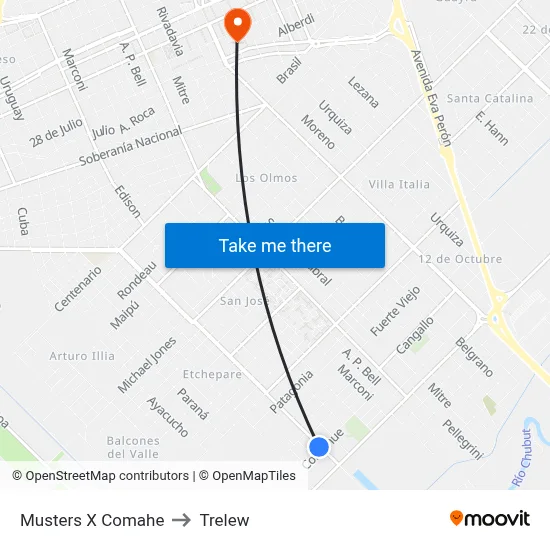 Musters X Comahe to Trelew map