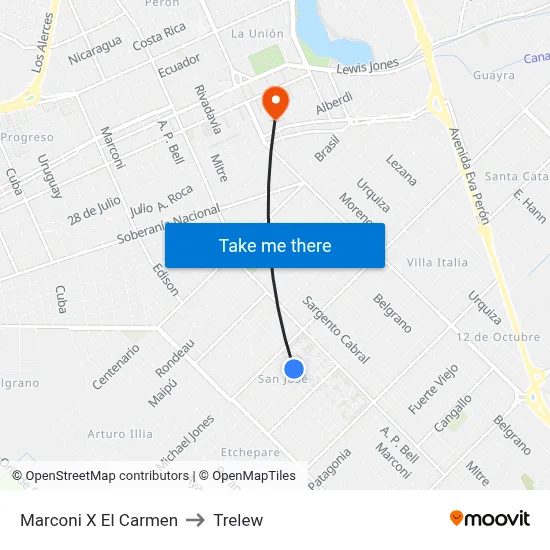 Marconi X El Carmen to Trelew map
