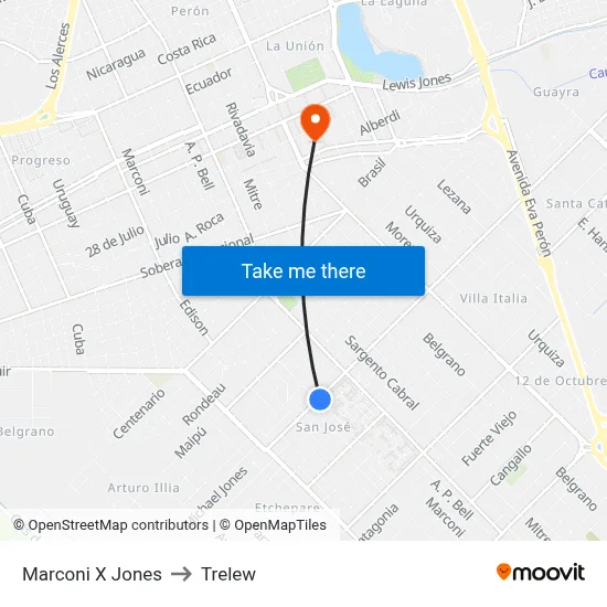 Marconi X Jones to Trelew map