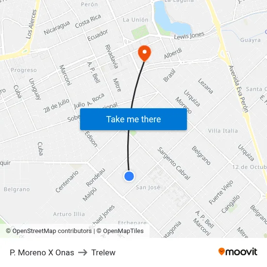 P. Moreno X Onas to Trelew map