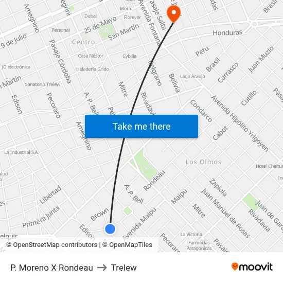 P. Moreno X Rondeau to Trelew map