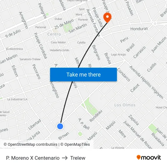P. Moreno X Centenario to Trelew map