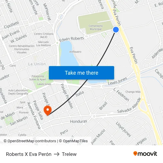 Roberts X Eva Perón to Trelew map