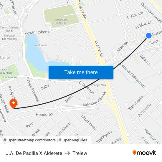 J.A. De Padilla X Alderete to Trelew map