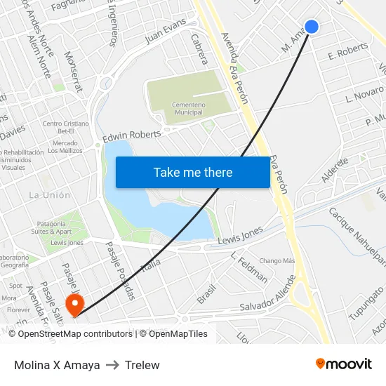 Molina X Amaya to Trelew map