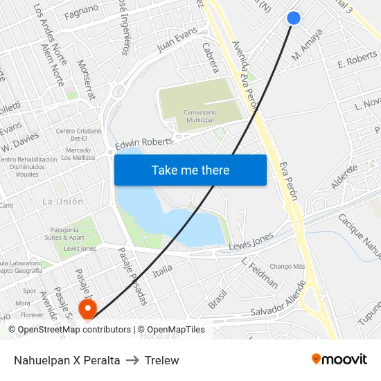 Nahuelpan X Peralta to Trelew map
