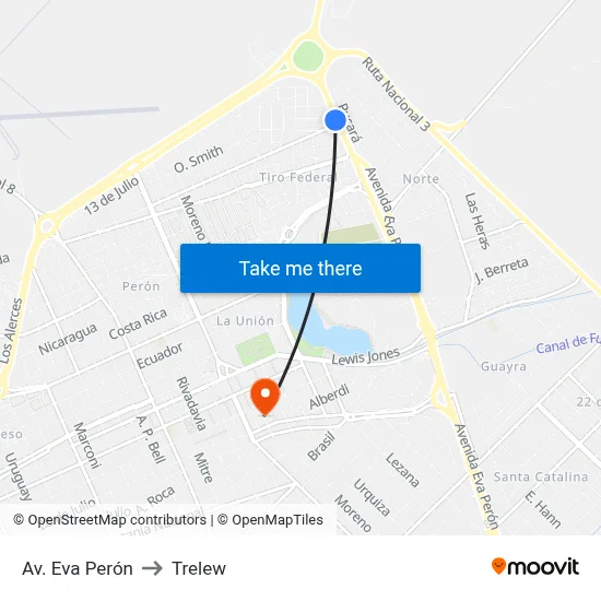 Av. Eva Perón to Trelew map