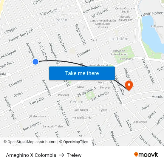 Ameghino X Colombia to Trelew map